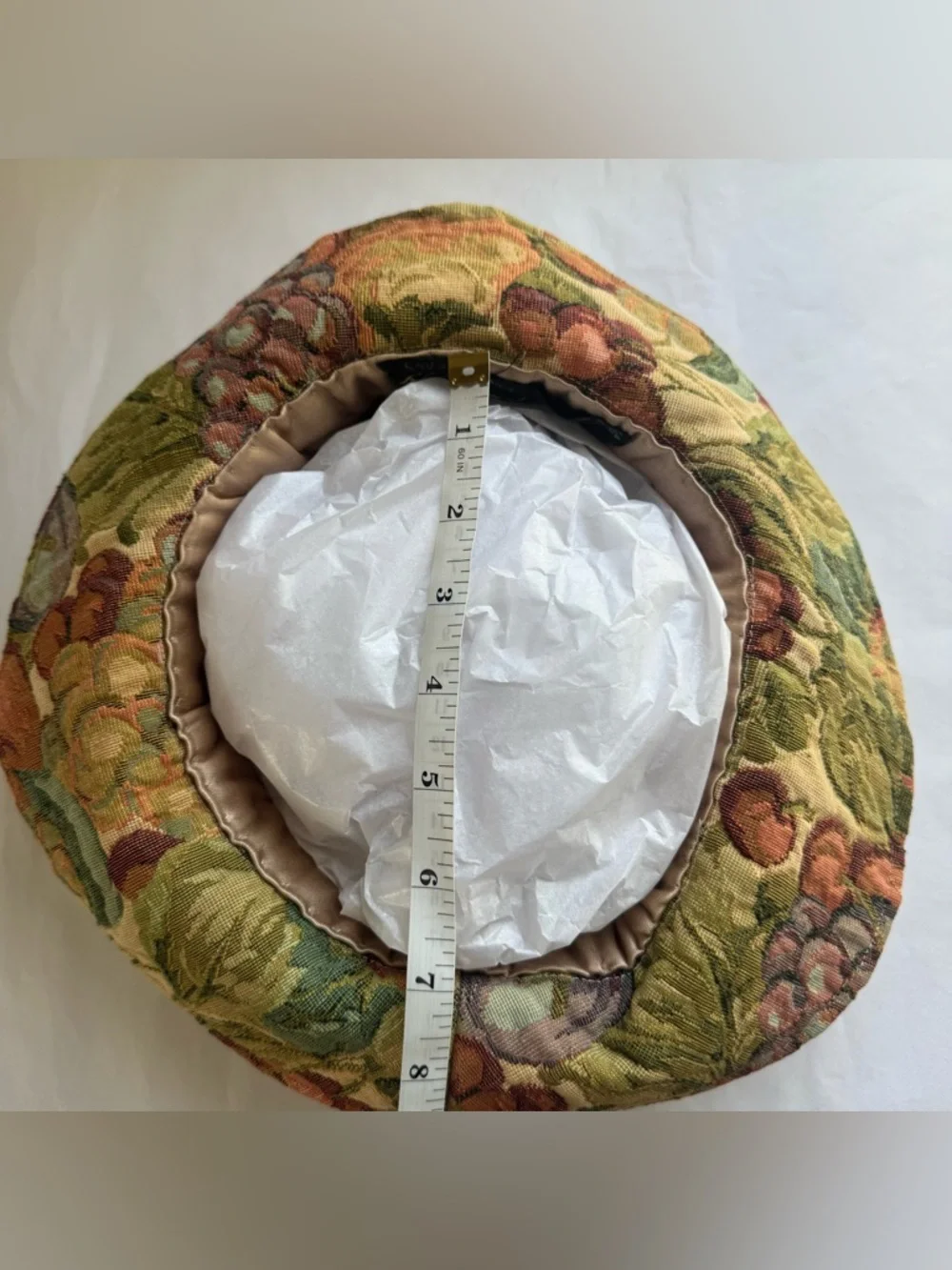Vintage Ruth 1994 Floral Fruits Tapestry Hat Green Tea Party NY NOLA - Picture 13 of 15